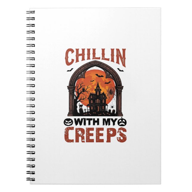 Chillin Creeps Halloween Haunted House Orange Moon Notebook (Front)