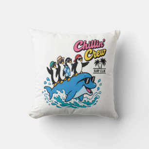 Chillin Crew Surf Club Penguin Dolphin T-Shirt Throw Pillow