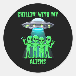 Chillin With My Aliens Halloween Boys Girls Kids F Classic Round Sticker