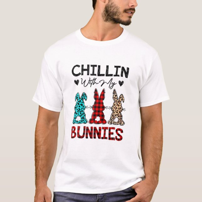 Chillin With My Bunnies Funny Easter Day Red Plaid T-Shirt (Front)