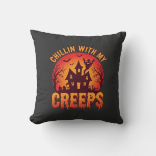 Chillin With My Creeps Halloween T-Shirt Design_1 Throw Pillow