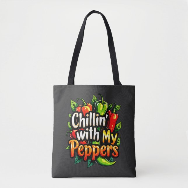 Chillin' with My Peppers - Colourful Chili Graphic Tote Bag (Front)