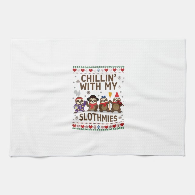 Chillin With My Slothmies Funny Sloth Ugly Christm Kitchen Towel (Horizontal)