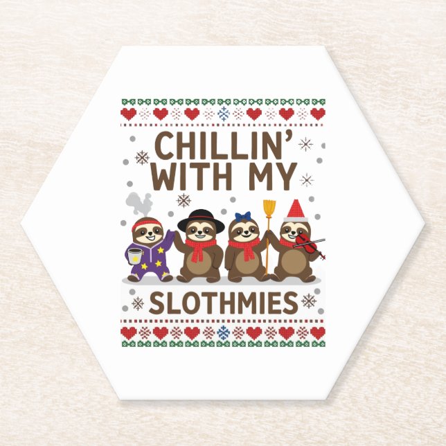Chillin With My Slothmies Funny Sloth Ugly Christm Paper Coaster (Front)
