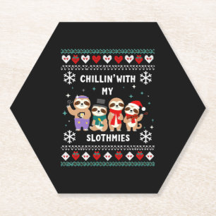 Chillin With My Slothmies Funny Sloth Ugly Christm Paper Coaster