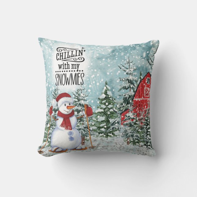 Chillin With My Snowmies Christmas White Winter Th Throw Pillow (Front)