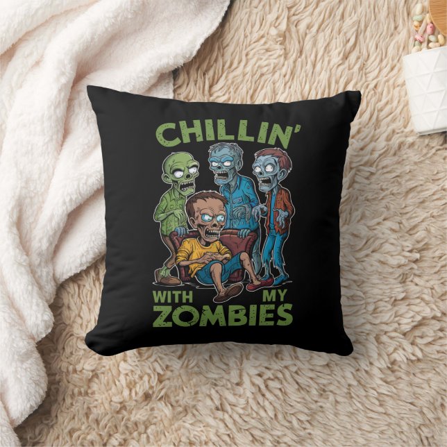 Chillin With My Zombies Halloween Boys Kids Funny Throw Pillow (Blanket)