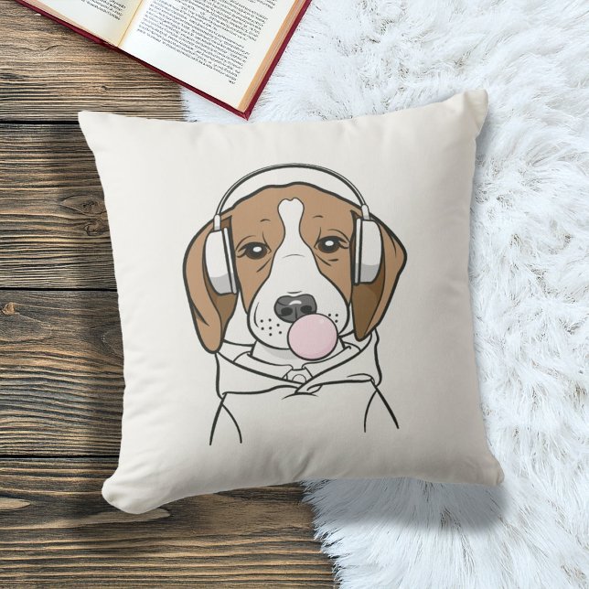 Chilling Beagle with Bubblegum Cute Funny Dog Throw Pillow (Creator Uploaded)
