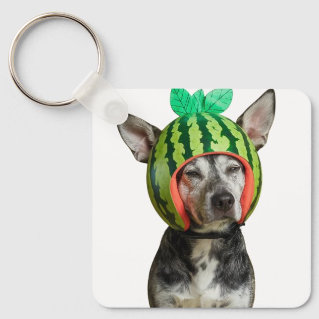 Chilling Dog With Watermelon Helmet  Keychain (Front)