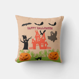 Chilling Orange Haunted House, Ghost, Bats Pumpkin Throw Pillow