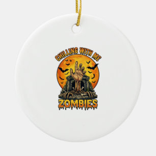 Chilling Zombies Hand Tombstone Full Moon Bats Ceramic Ornament