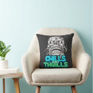 Chills and Thrills Skull Graphic Halloween Horror  Throw Pillow