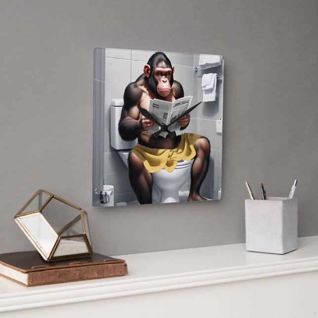 Chimp Drôle Sur Une Horloge De Toilettes, (Bureau)