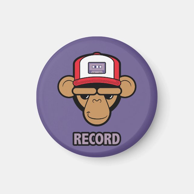 Chimp with a cassette tape on his hat magnet (Front)