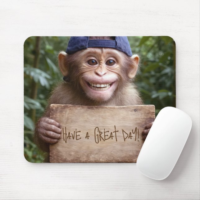 Chimp with Wooden Sign Mouse Pad (With Mouse)