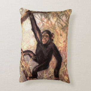 Chimpanzee by CE Swan, Vintage Wild Jungle Animals Accent Pillow