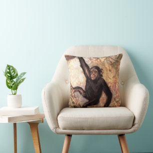 Chimpanzee by CE Swan, Vintage Wild Jungle Animals Throw Pillow
