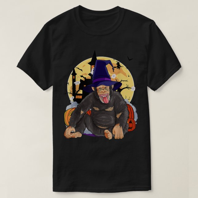 Chimpanzee Cute Halloween Witch Pumpkin T-Shirt (Design Front)