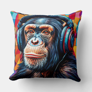 🐒 Chimpanzee Headphones Chill Modern Home 🖤 Throw Pillow
