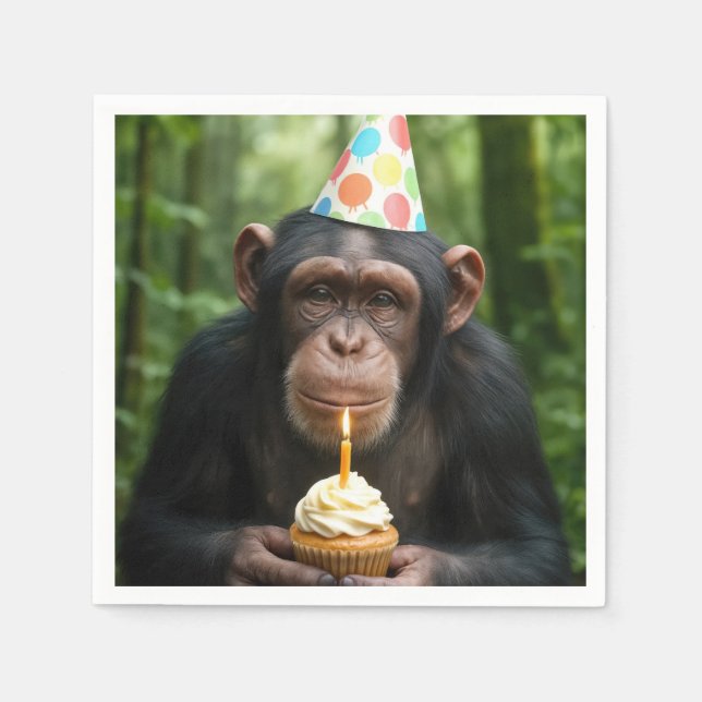 Chimpanzee Holding a Birthday Cupcake Napkin (Front)