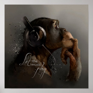 Chimpanzee listening to music. Watercolor drawing	 Poster