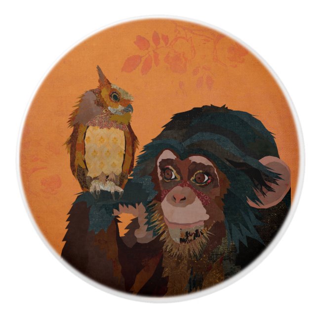 CHIMPANZEE & LITTLE OWL CERAMIC KNOB (Front)