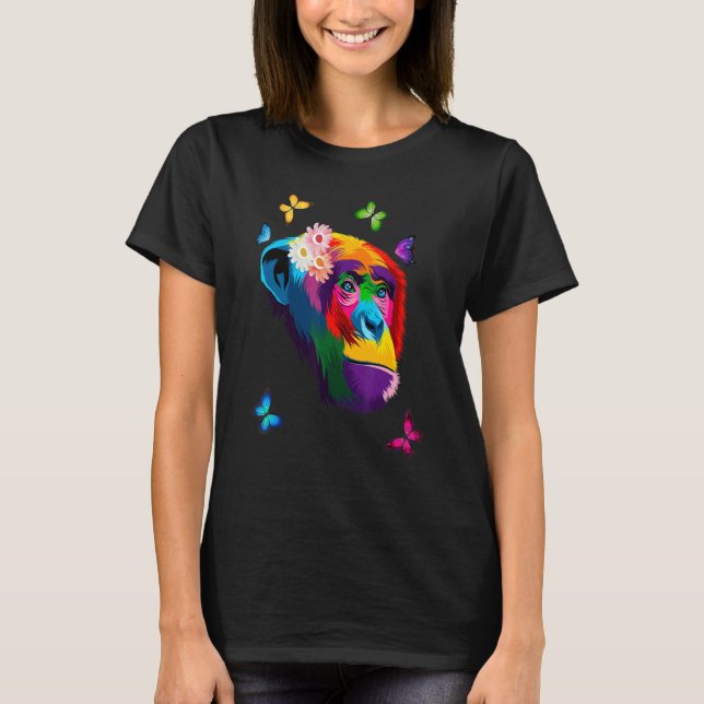 Chimpanzee Monkey Colourful Chimpanzee Flower Butt T-Shirt (Front)