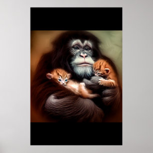 Chimpanzee snuggles with kittens  poster