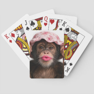 Chimpanzee Wearing Pink Lipstick Playing Cards