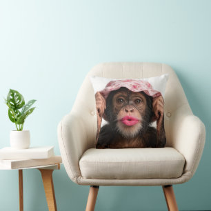 Chimpanzee Wearing Pink Lipstick Throw Pillow