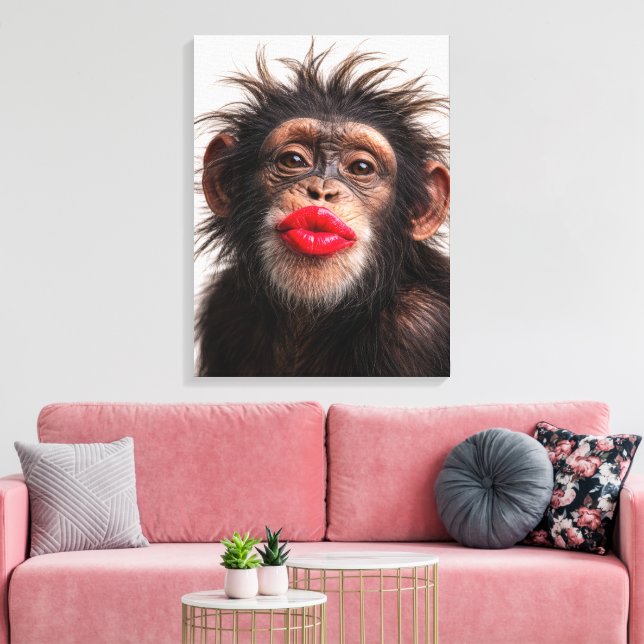 Chimpanzee Wearing Red Lipstick Canvas Print (Insitu(LivingRoom))
