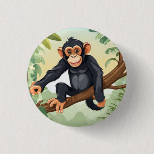 Chimpanzee with her cute tail on the branch greets 1 inch round button