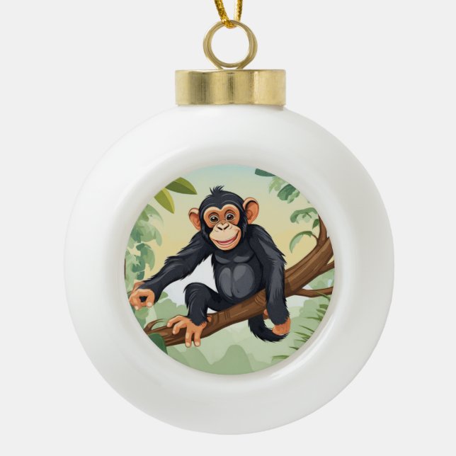 Chimpanzee with her cute tail on the branch greets ceramic ball christmas ornament (Front)