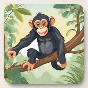 Chimpanzee with her cute tail on the branch greets coaster
