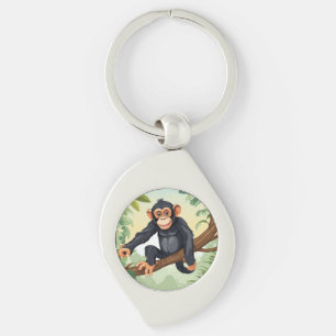 Chimpanzee with her cute tail on the branch greets keychain