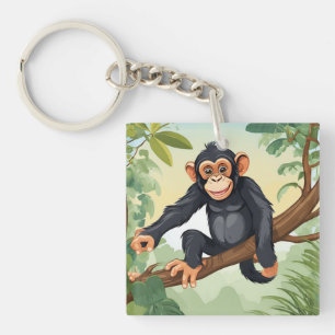 Chimpanzee with her cute tail on the branch greets keychain