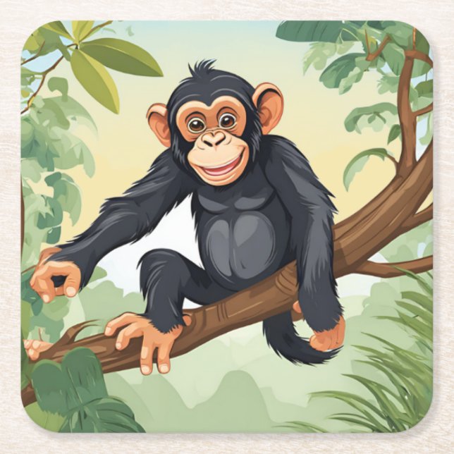 Chimpanzee with her cute tail on the branch greets square paper coaster (Front)