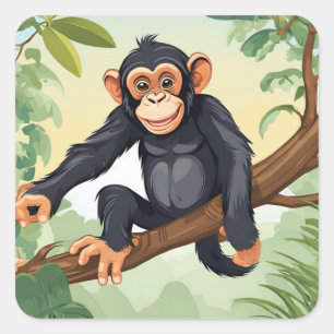 Chimpanzee with her cute tail on the branch greets square sticker