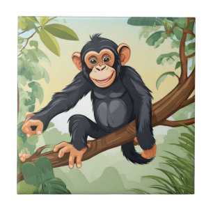 Chimpanzee with her cute tail on the branch greets tile