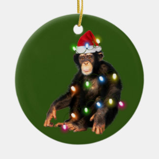 Chimpanzees With Hat Lights Christmas Ceramic Ornament