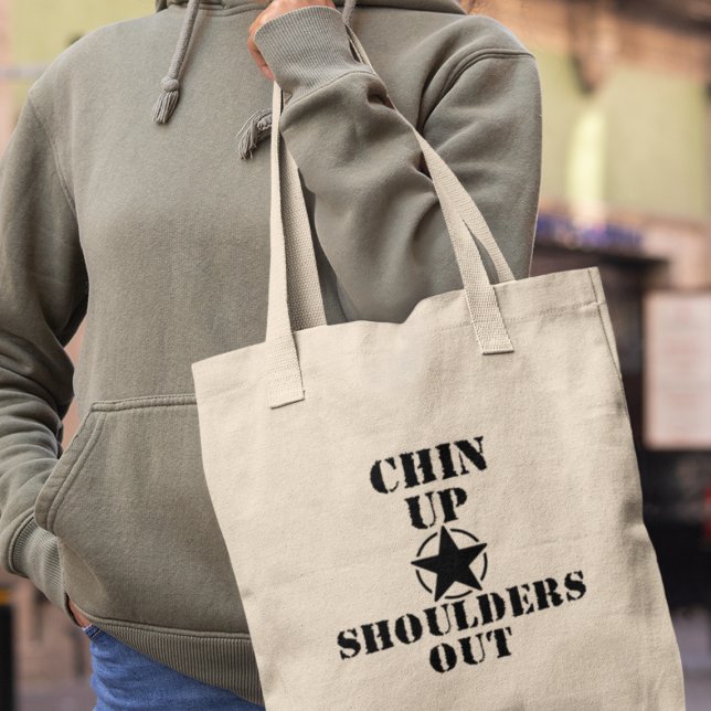 Chin Up Shoulders Out Funny Inspirational Gift Tote Bag (Add a touch of positivity to your day - get your 'Chin Up, Shoulders Out' tote bag now!





)