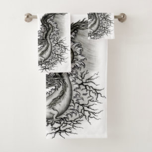 China Dragon, Black and white Design in Tattoostyl Bath Towel Set