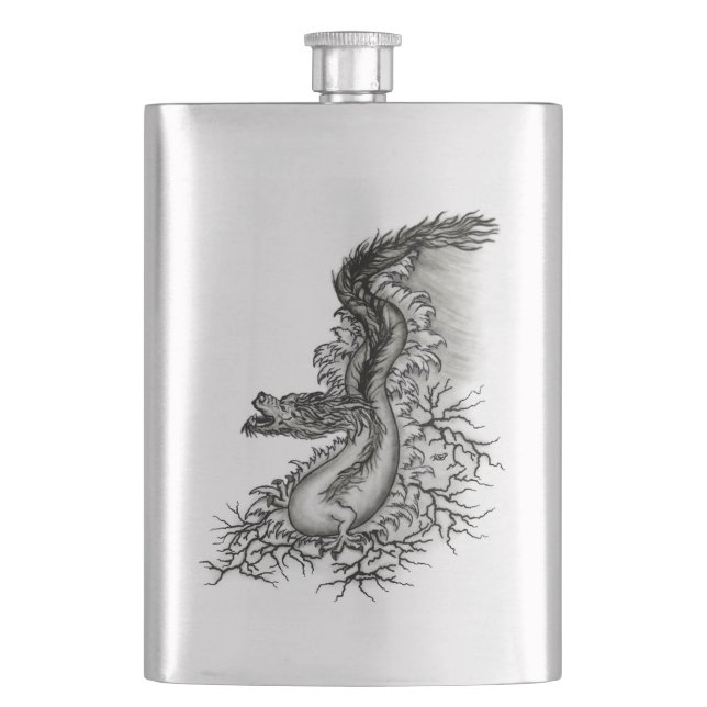 China Dragon, Black and white Design in Tattoostyl Hip Flask (Front)