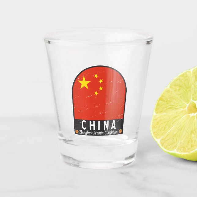 China Flag Emblem Distressed Vintage Shot Glass (Front)