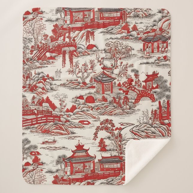 China Garden Tee House Chinoiserie - Red and White Sherpa Blanket (Front)