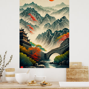 China great wall ink drawing poster