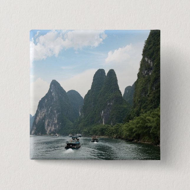 China, Guilin, Li River, River boats line the 2 Inch Square Button (Front)