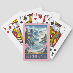 China Illustration Pink Travel Art Vintage Playing Cards
