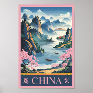 China Illustration Pink Travel Art Vintage Poster