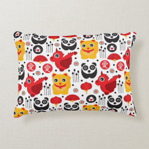 China lucky cat, dragon, and panda accent pillow